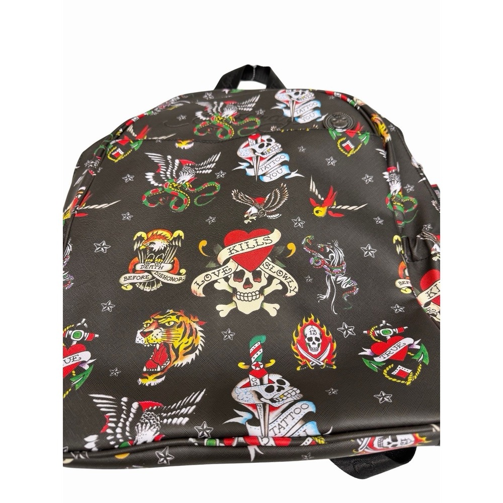 Ed Hardy Black Tattoo Print Backpack Skulls Tigers Graphic Bag NWT 140$